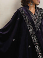 trueBrowns Purple Velvet Embroidered Kurta Pant Dupatta Set - Distacart