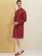 House of Pataudi Men Red Embroidered Jashn Straight Kurta