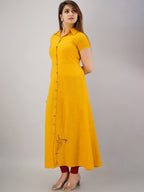 HERE&NOW Mustard Yellow Shirt Collar Thread Work A-Line Kurta