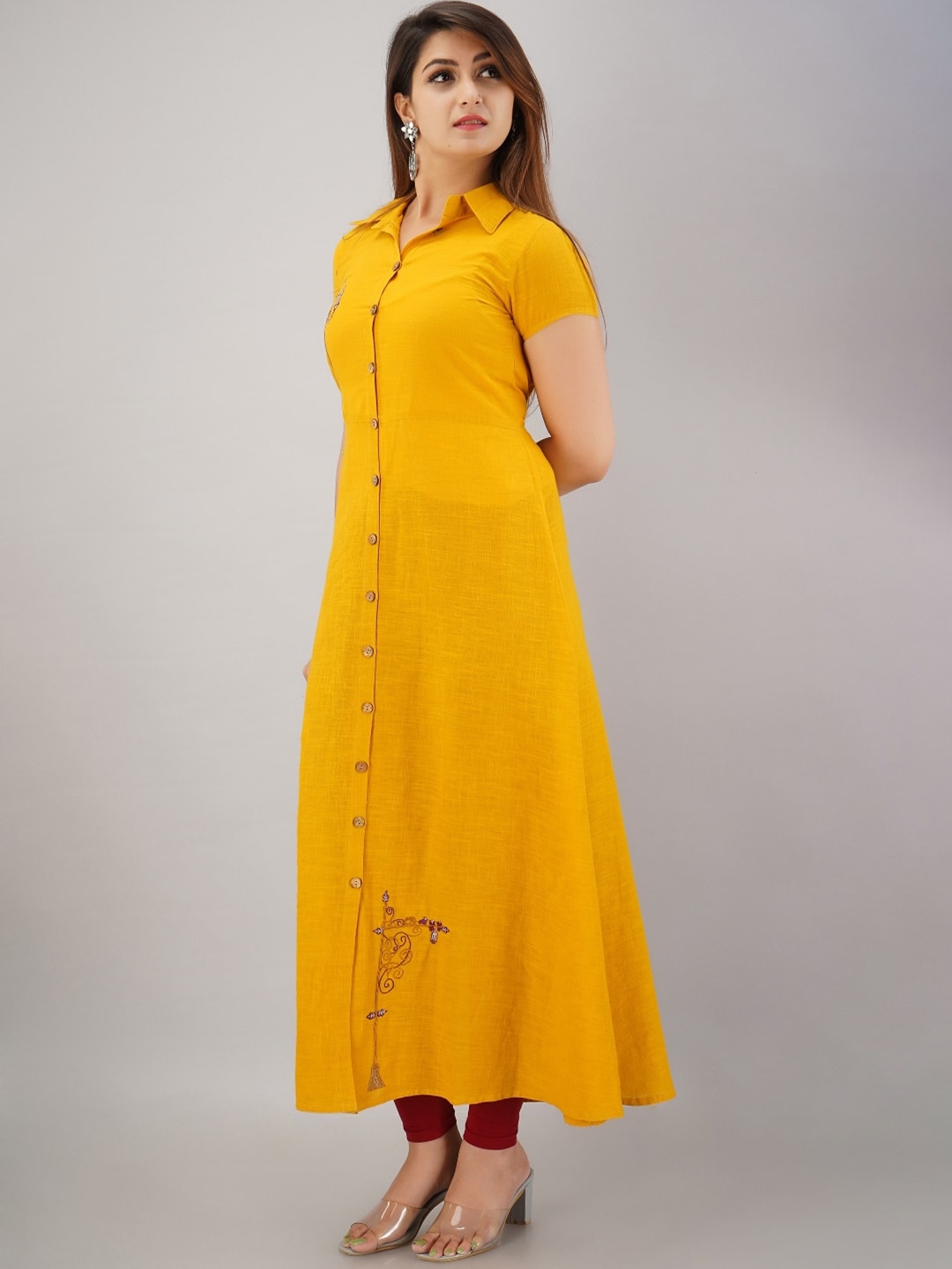 HERE&NOW Mustard Yellow Shirt Collar Thread Work A-Line Kurta