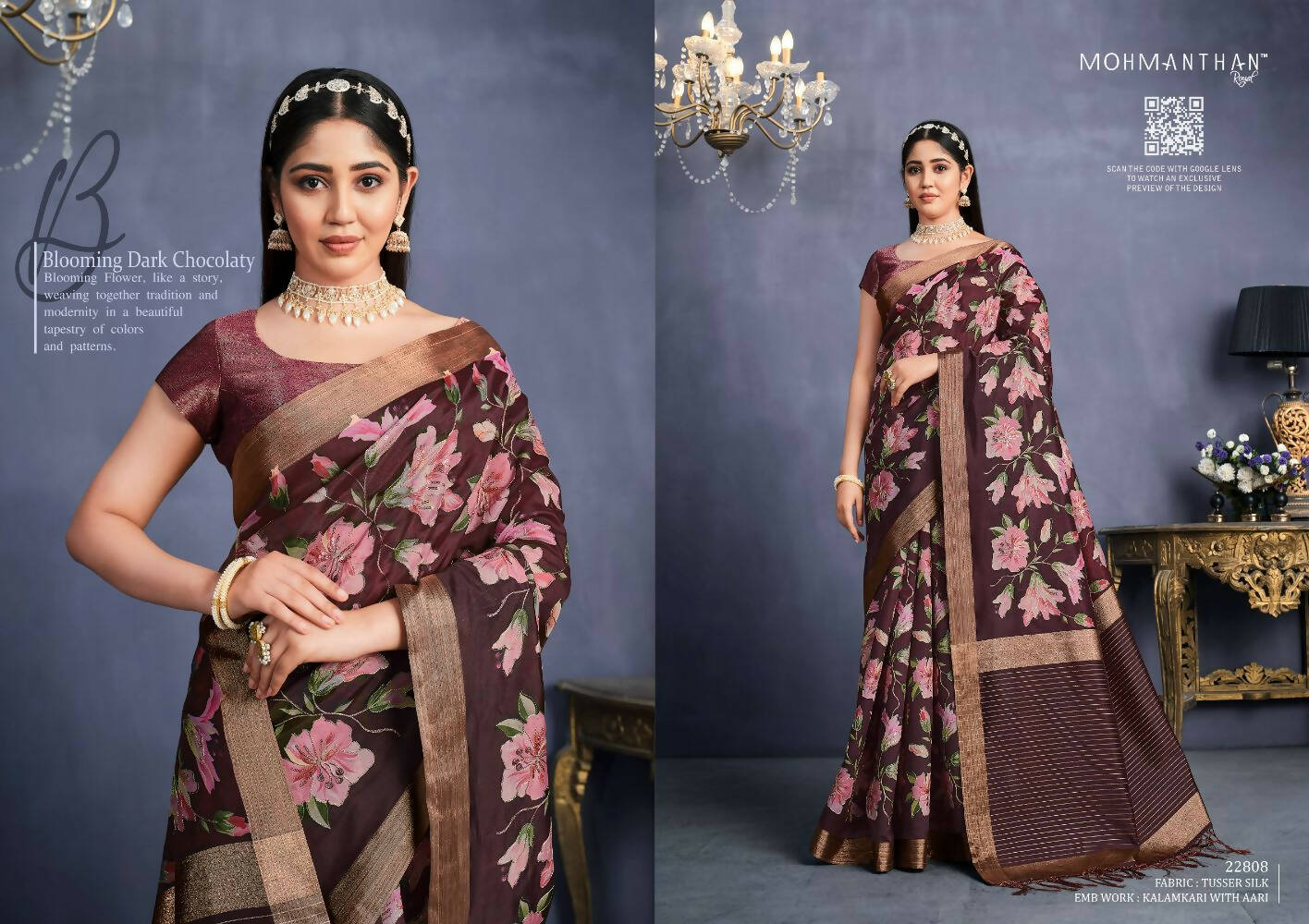 Maroon Tusser Silk Floral Printed With Sequence Embroidered Saree With Unstitched Blouse - Mohmanthan Aahana