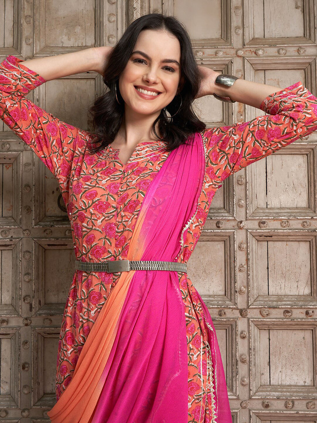 Sangria Floral Printed Gotta Patti Pure Cotton Straight Kurta with Trousers & Dupatta