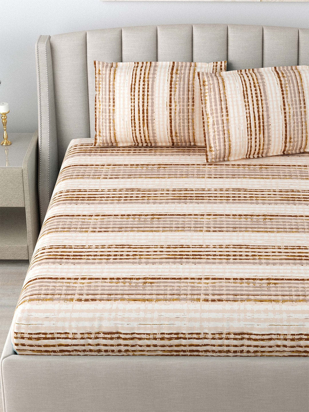 DREAM WEAVERZ Beige & Brown Striped Pure Cotton 220 TC King Bedsheet With 2 Pillow Covers - Distacart