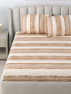 DREAM WEAVERZ Beige & Brown Striped Pure Cotton 220 TC King Bedsheet With 2 Pillow Covers - Distacart