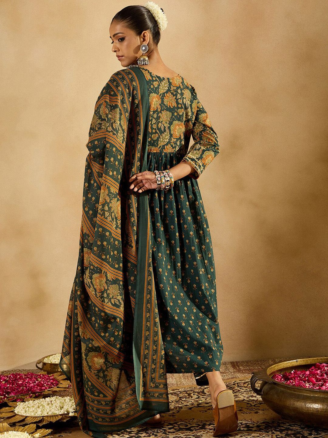 Indo Era Floral Printed Empire Pure Cotton A-Line Kurta With Trousers & Dupatta - Distacart