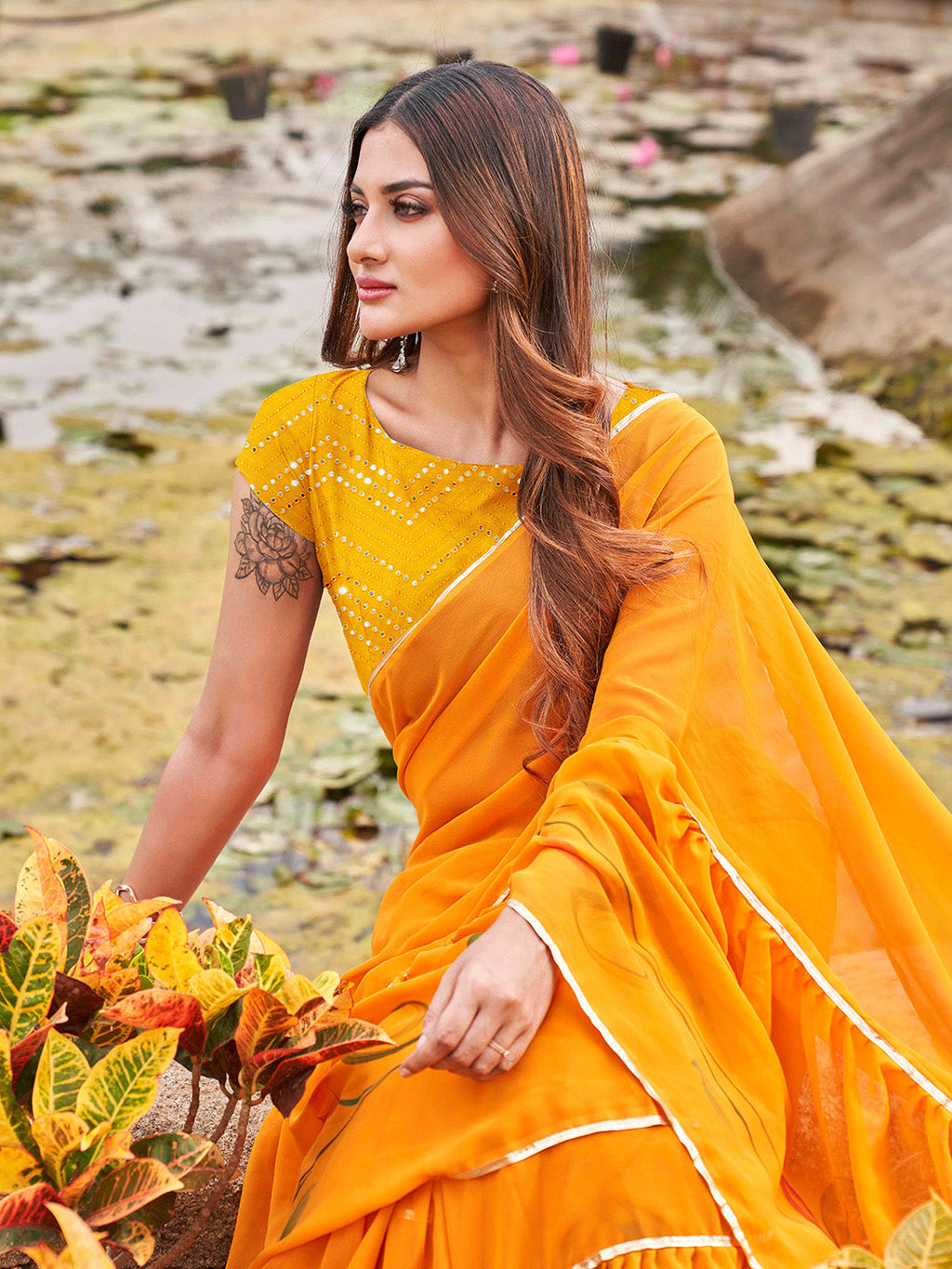 Tikhi Imli Mustard Yellow Gotta Patti Ruffles Saree - Distacart