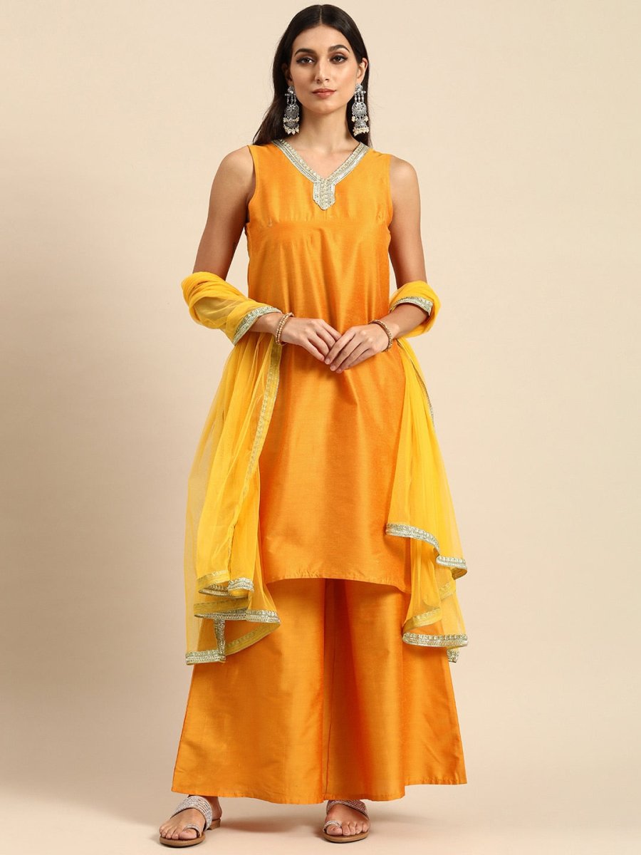 All About You Women Mustard Yellow Ethnic Motifs Embroidered Gotta Patti Kurta with Palazzos & With Dupatta