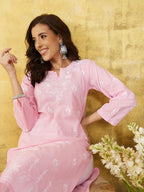 ADA Women Pink & White Chikankari Embroidered Straight Sustainable Handloom Kurta