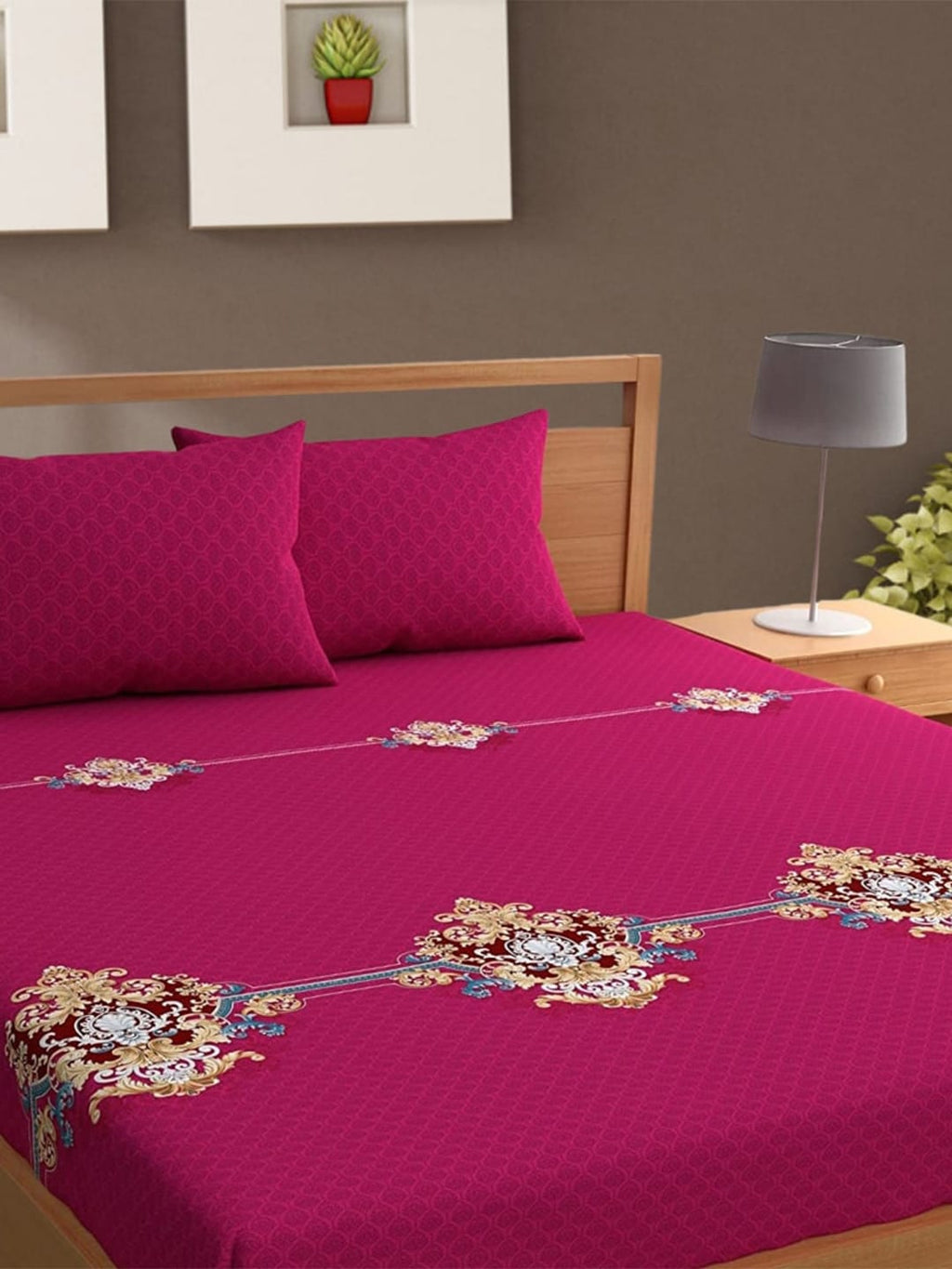 Bajo's Pink & Cream-Coloured Printed Cotton 210 TC King Bedsheet with 2 Pillow Covers