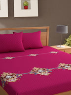 Bajo's Pink & Cream-Coloured Printed Cotton 210 TC King Bedsheet with 2 Pillow Covers