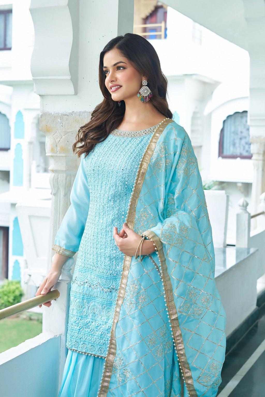 Joban Fashion Sky Blue Kurta Set Chinon Silk Embroidery Sequence Work - Distacart