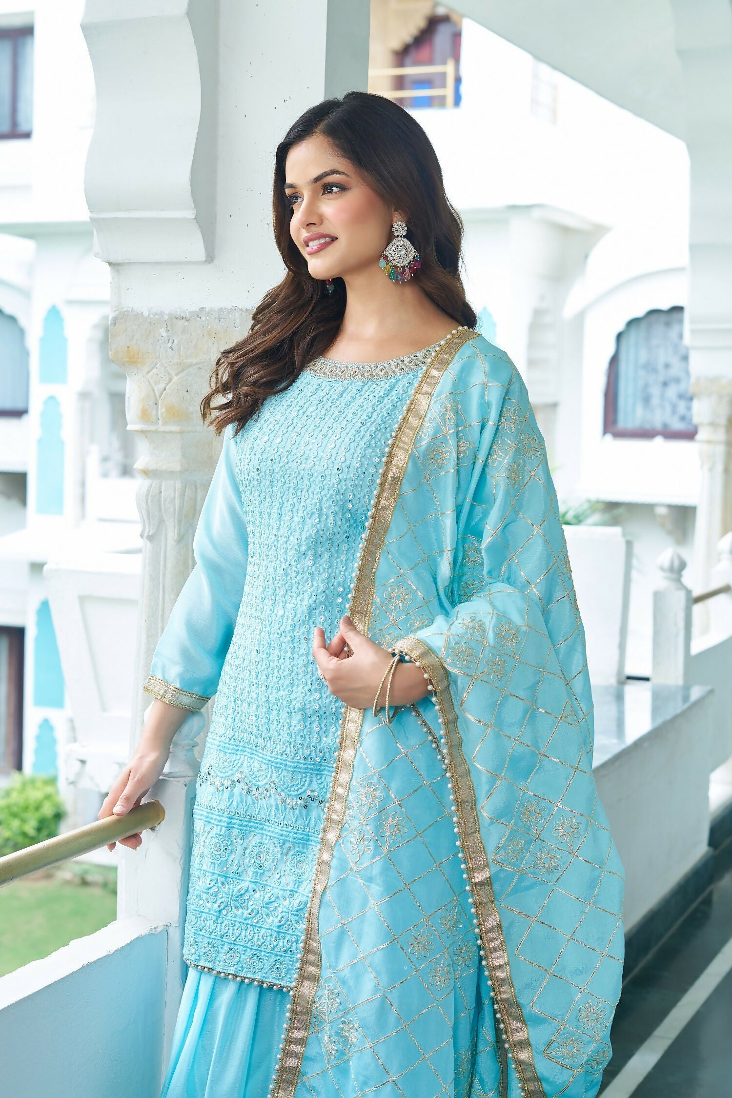 Joban Fashion Sky Blue Kurta Set Chinon Silk Embroidery Sequence Work - Distacart