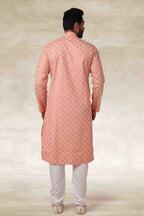 Raivat Ethnic Cotton Printed Work Kurta Pajama In Peach Colour