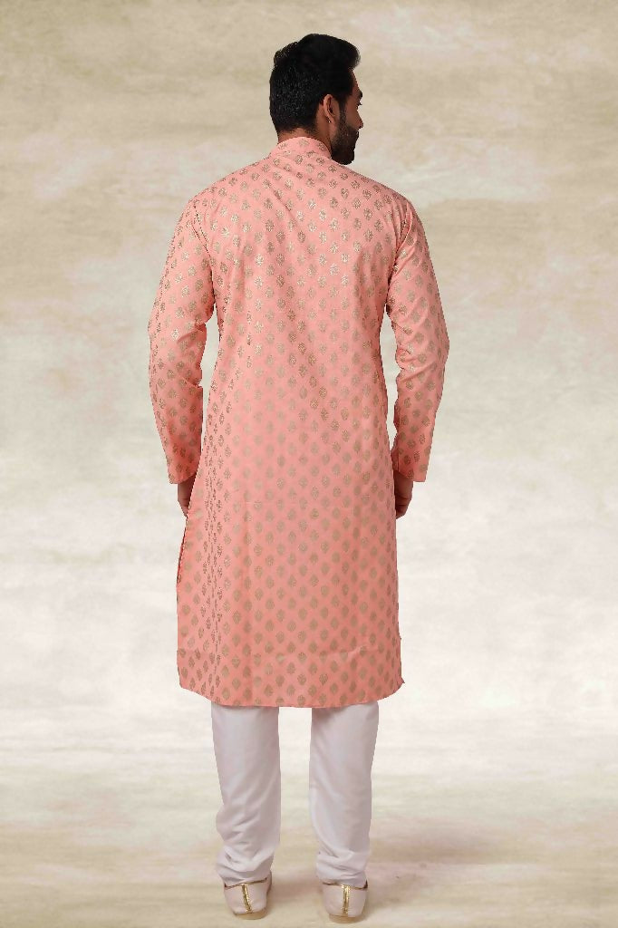 Raivat Ethnic Cotton Printed Work Kurta Pajama In Peach Colour