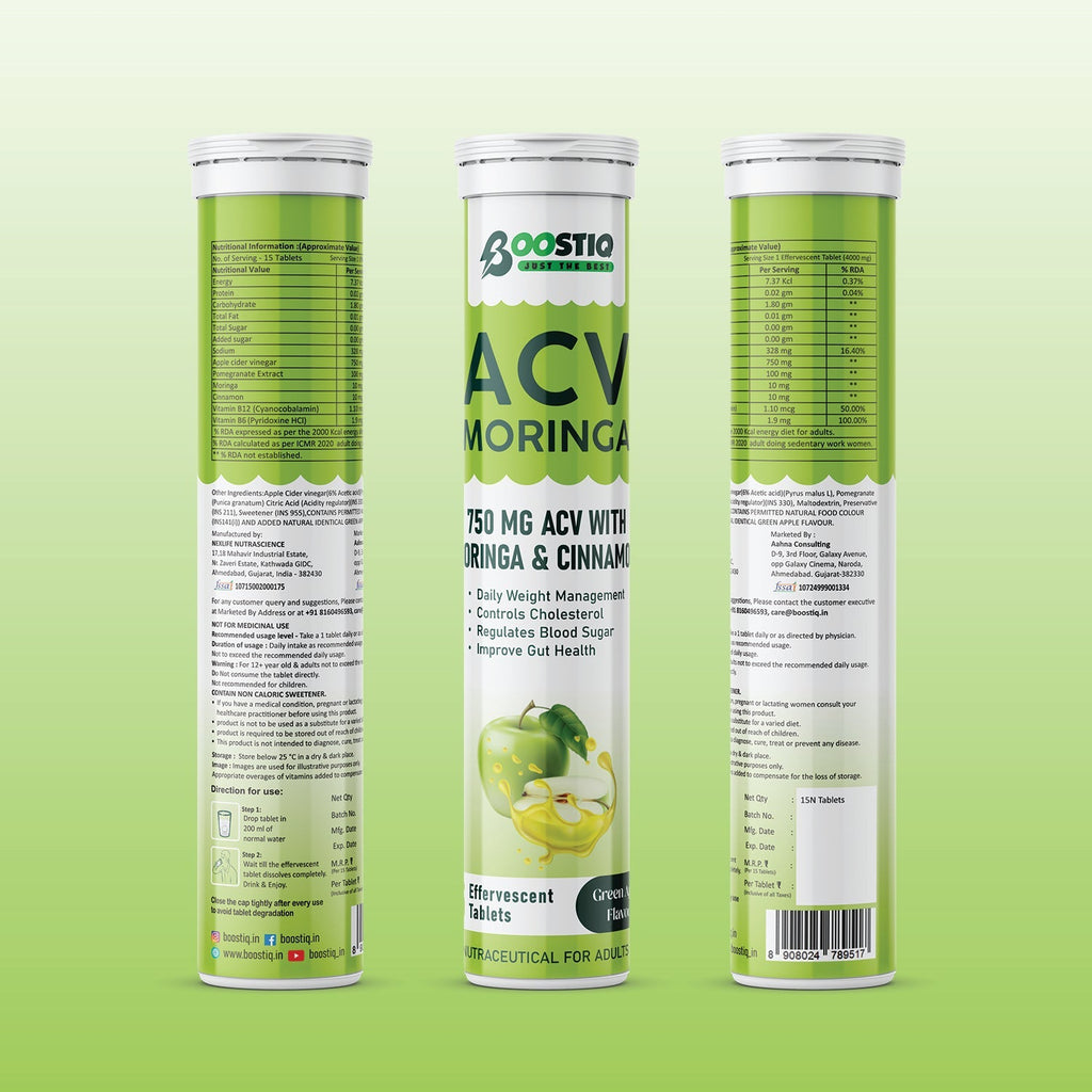 BOOSTIQ Apple Cider Vinegar With Moringa Effervescent Tablets - Green Apple Flavour