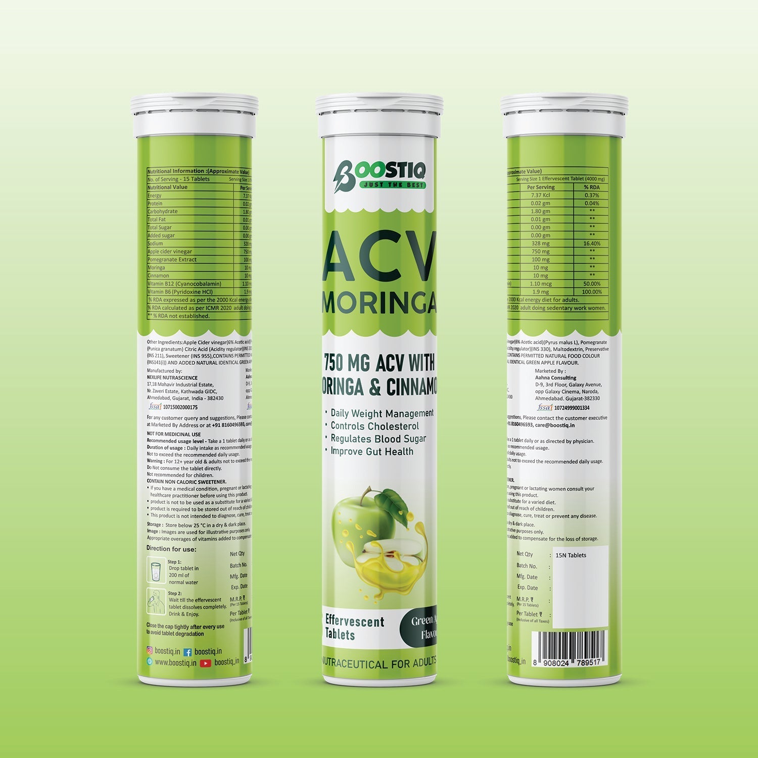 BOOSTIQ Apple Cider Vinegar With Moringa Effervescent Tablets - Green Apple Flavour