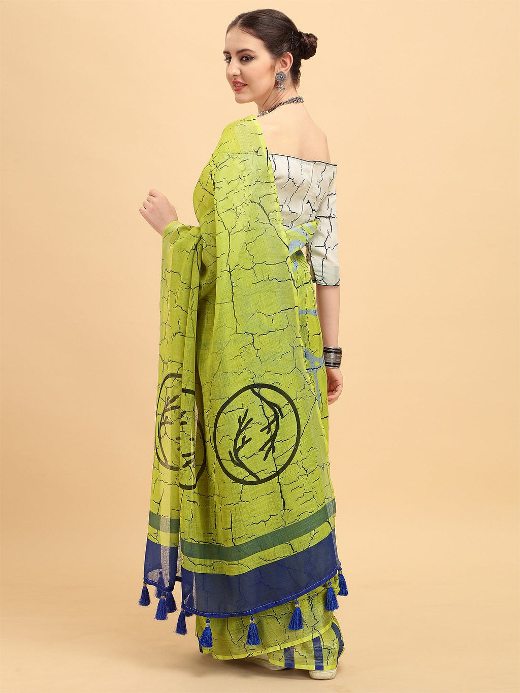 Sangria Lime Green & Grey Tie and Dye Pure Linen Saree - Distacart