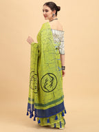 Sangria Lime Green & Grey Tie and Dye Pure Linen Saree - Distacart