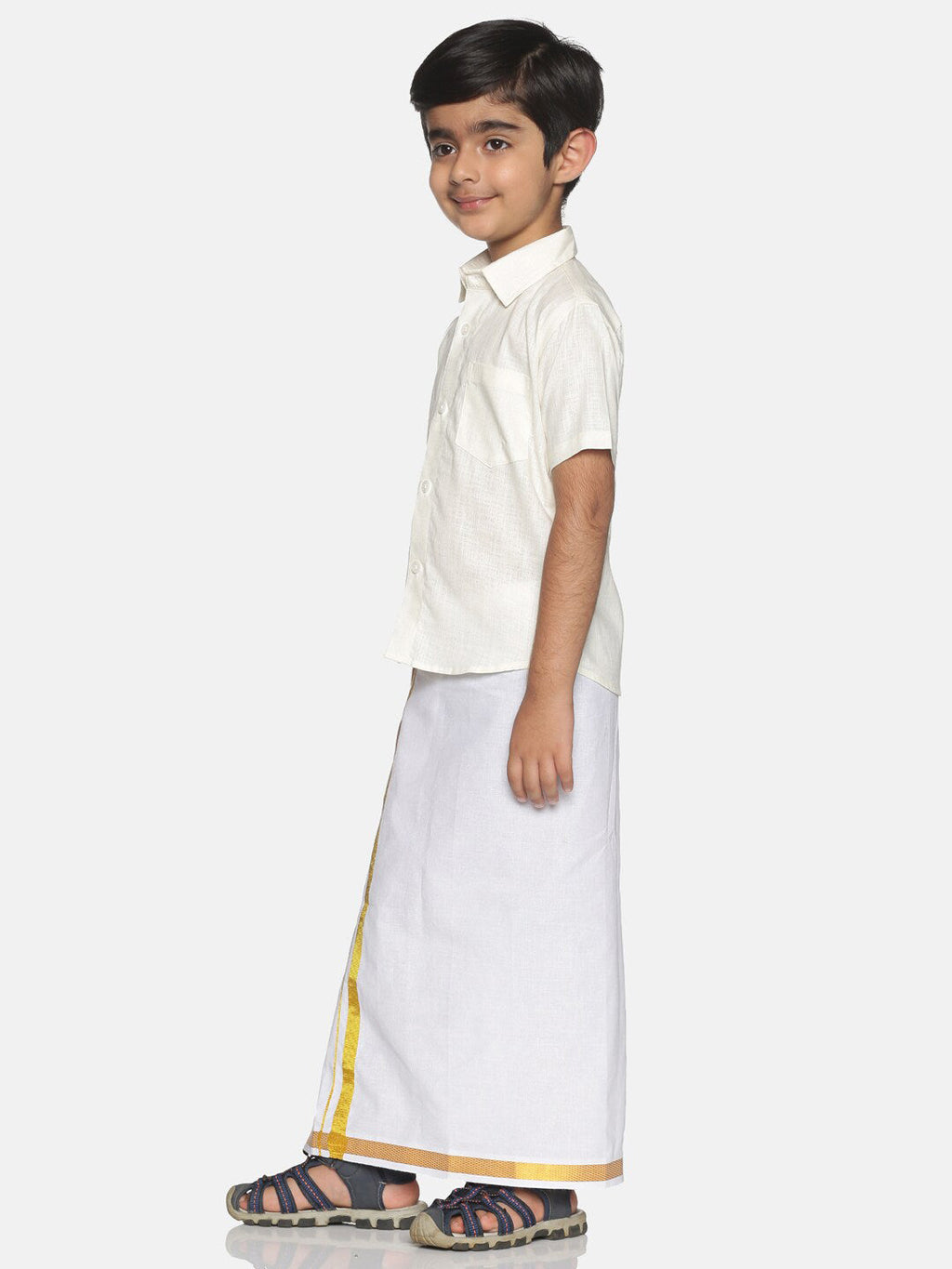 Sethukrishna Boys Cream-Coloured & White Solid Shirt and Veshti Set