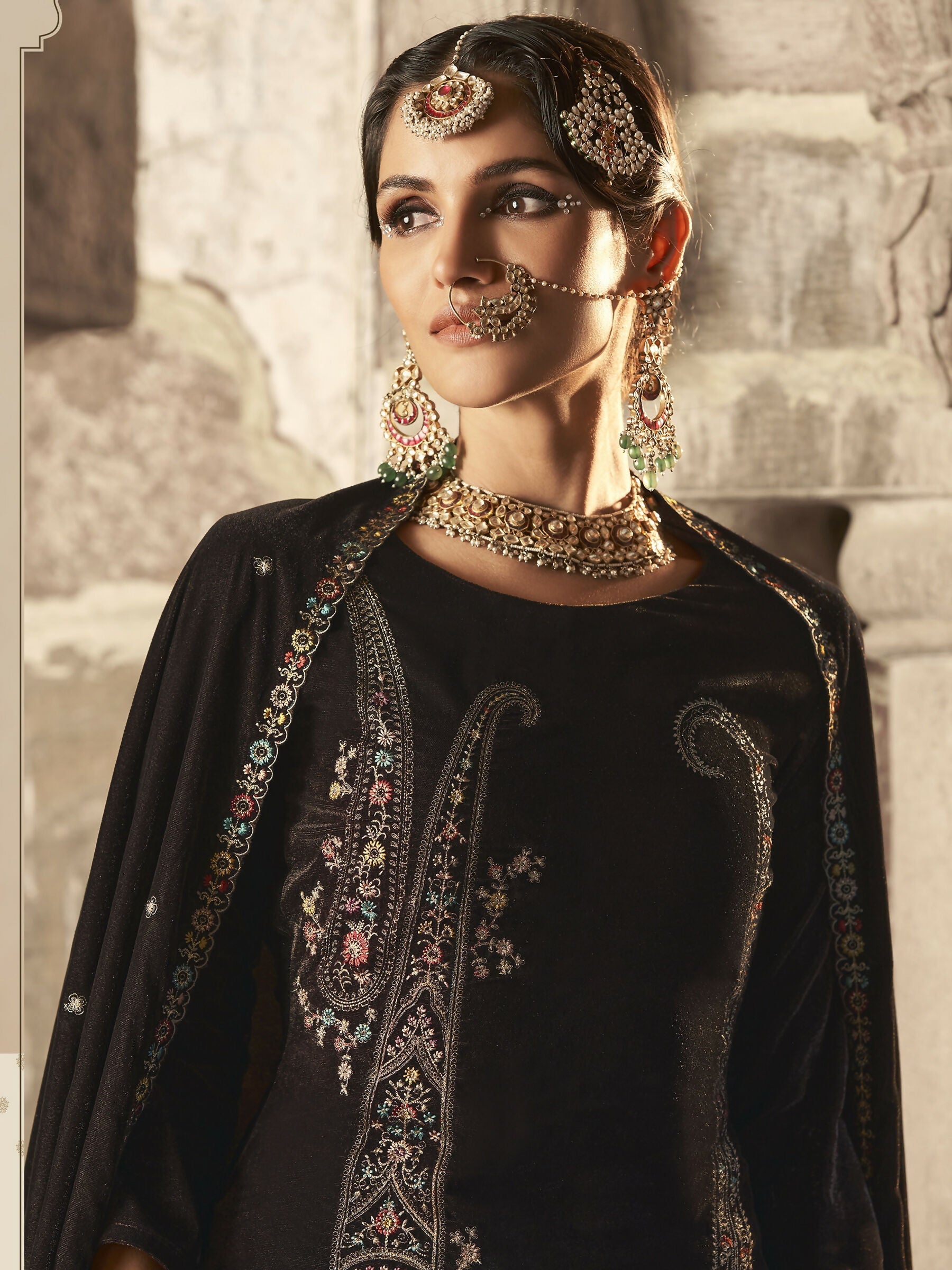 Jyoti Fashion Women's Brown Velvet Floral Resham Thread with Jari work Kurta with Trouser & Dupatta