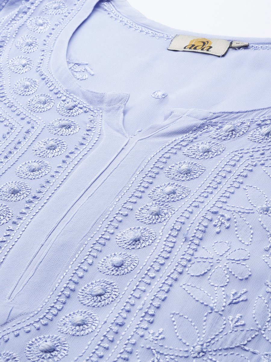 ADA Women Blue & Blue Ethnic Motifs Embroidered Chikankari Georgette Kurta