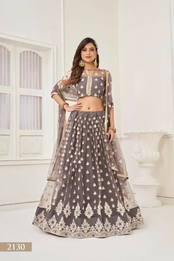 Aastha Fashion Space Gray Butterfly Net White Cotton Thread Work And Sequence Work Embroidery Wedding Wear Lehenga Choli