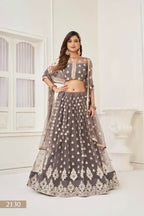 Aastha Fashion Space Gray Butterfly Net White Cotton Thread Work And Sequence Work Embroidery Wedding Wear Lehenga Choli