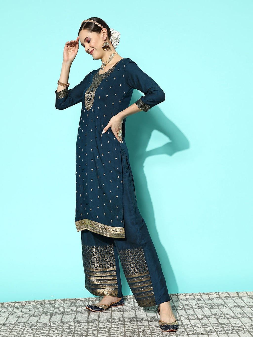 Sangria Women Floral Yoke Design Regular Kurta with Palazzos & With Dupatta