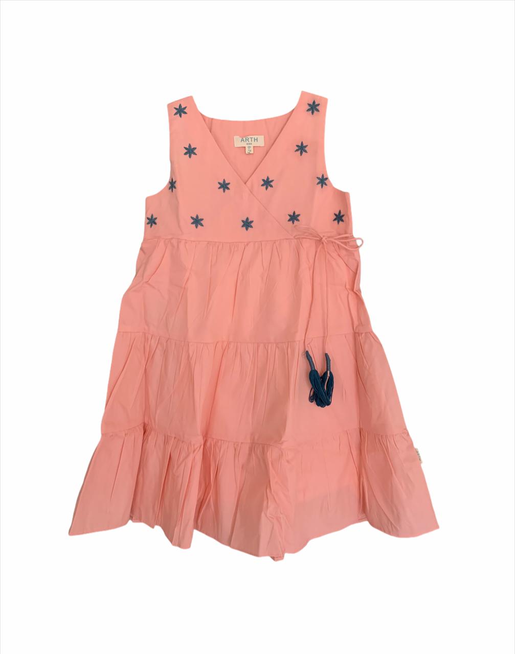 ArthLife Peach Flower Embroidered Tiered Dress