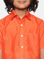 Sethukrishna Orange & White Solid Shirt with Dhoti Set For Boys