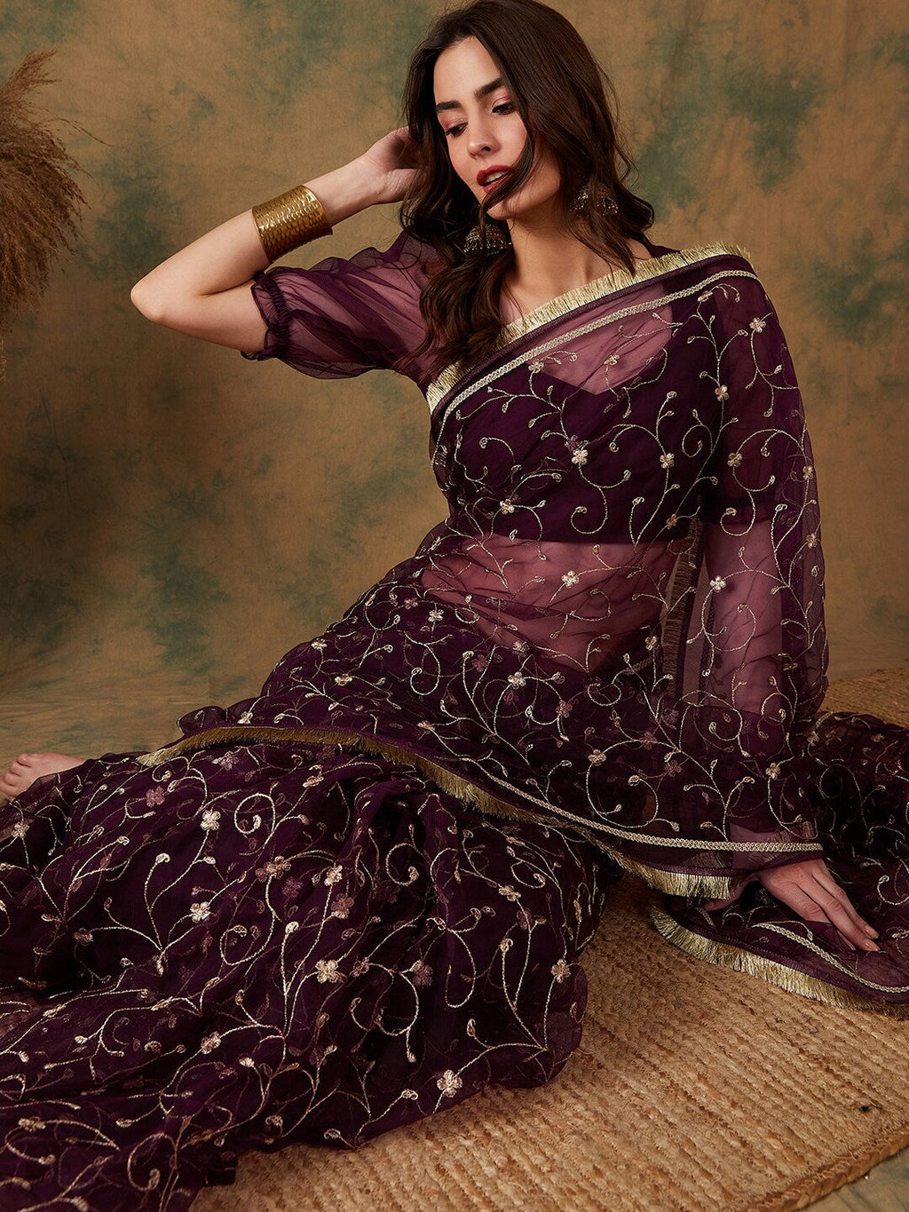 Sangria Floral Zari Jaal Embroidered Sarees - Distacart