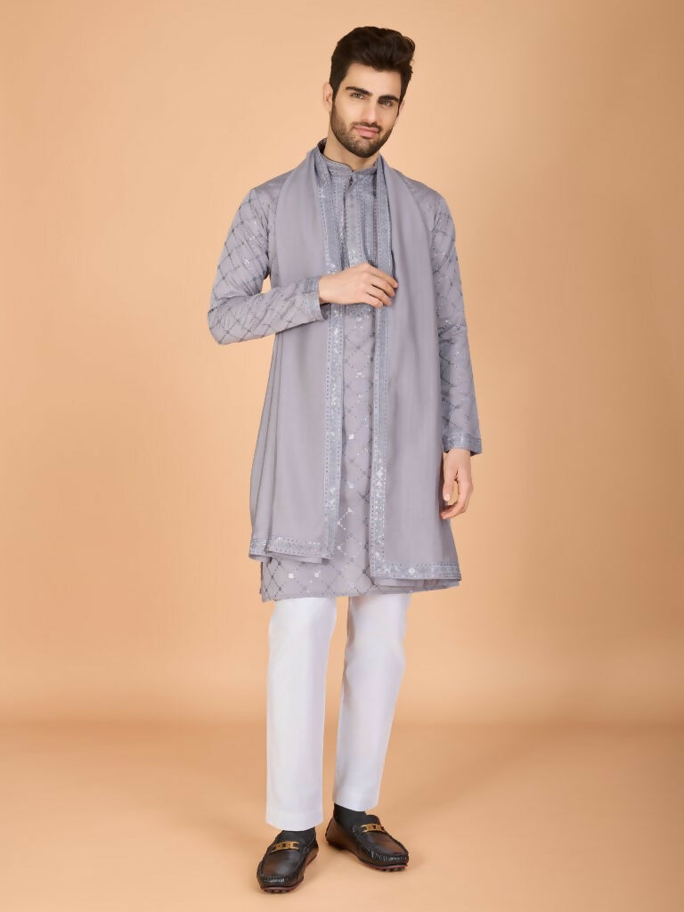 Vastranavya Grey Exclusive Festival Wear Viscose Silk Thread with Sequence Embroidered Work Kurta with Dupatta