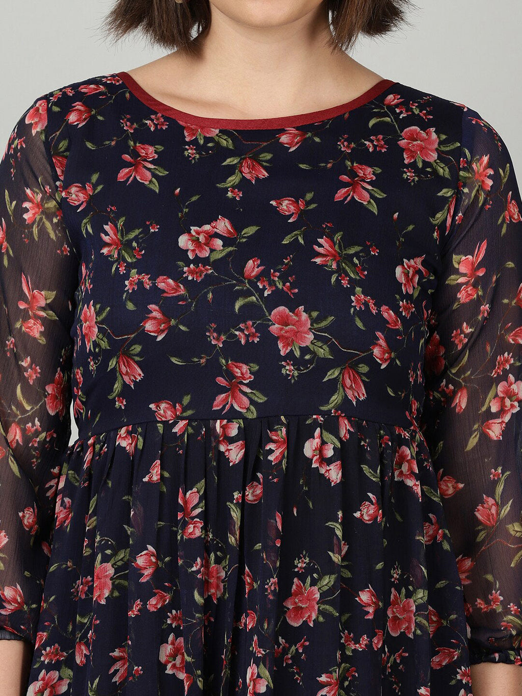 Souchii Women Navy Blue & Red Floral Chiffon A-Line Tiered Dress - Distacart