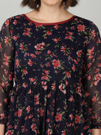 Souchii Women Navy Blue & Red Floral Chiffon A-Line Tiered Dress - Distacart