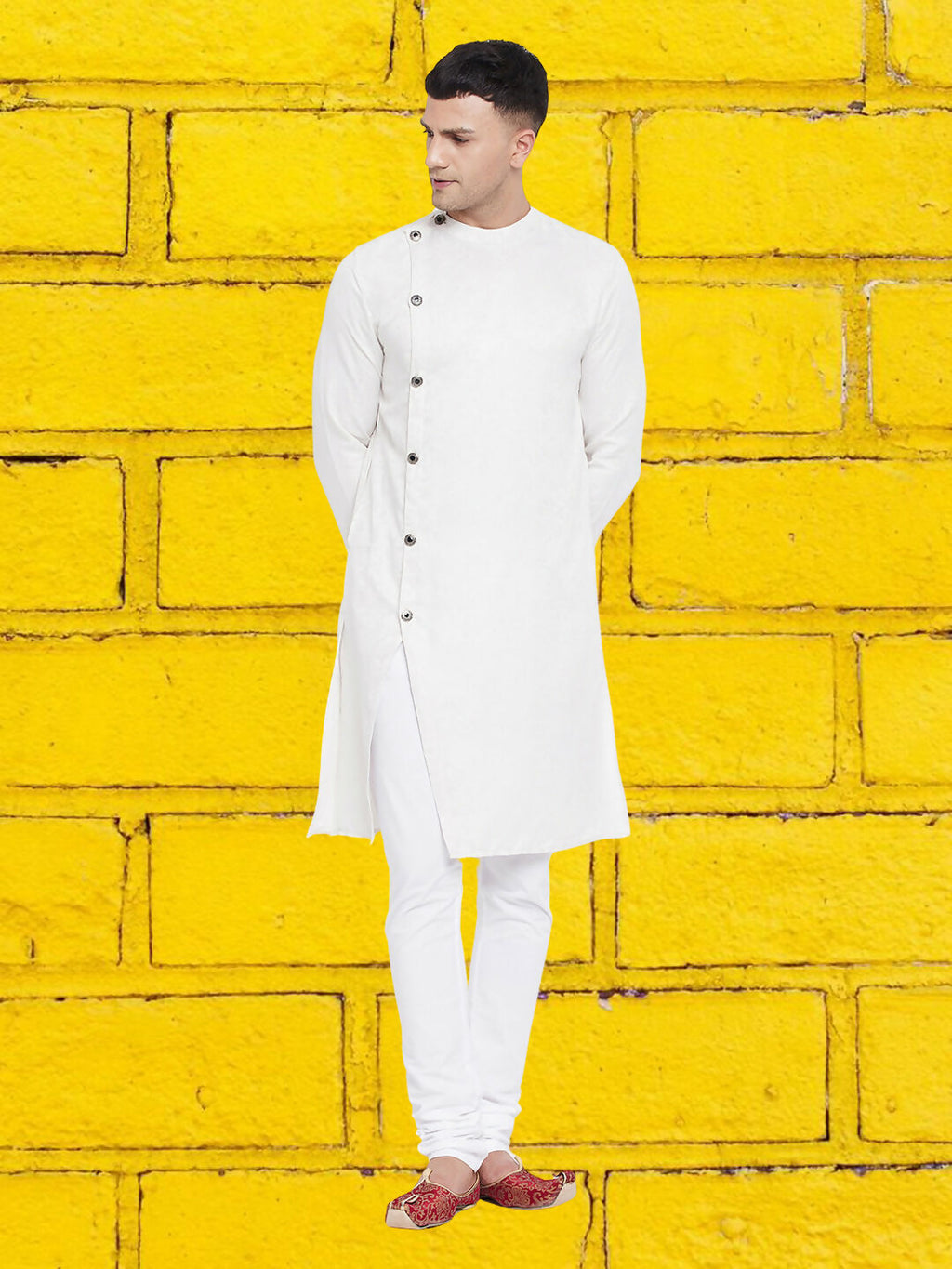 Even Apparels Men's Asymetrical White Sherwani Kurta