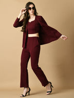 Myshka Women's Magenta Solid Coat With Trousers