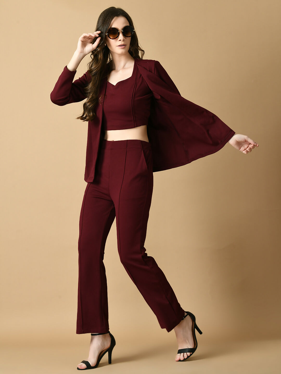 Myshka Women's Magenta Solid Coat With Trousers