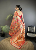 Joban Fashion Orange Floral & Potentially Peacock Soft Silk Paithani Saree - Distacart
