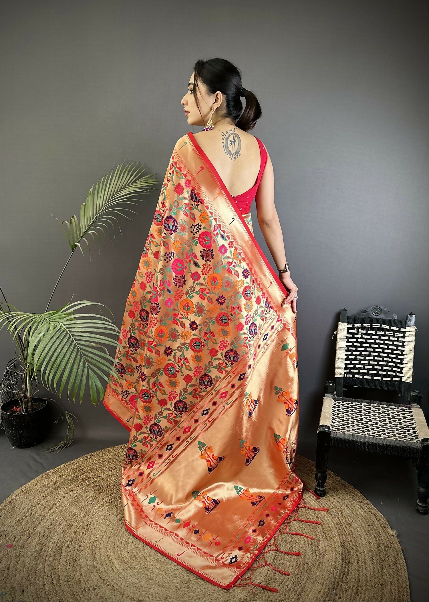 Joban Fashion Orange Floral & Potentially Peacock Soft Silk Paithani Saree - Distacart
