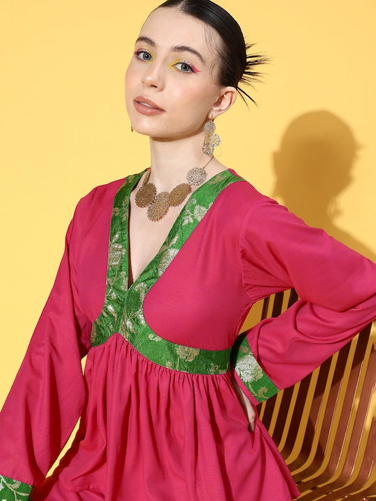 InWeave Women's Fuchsia Green Brocade Mughal Shaan Kurta Palazzo Set