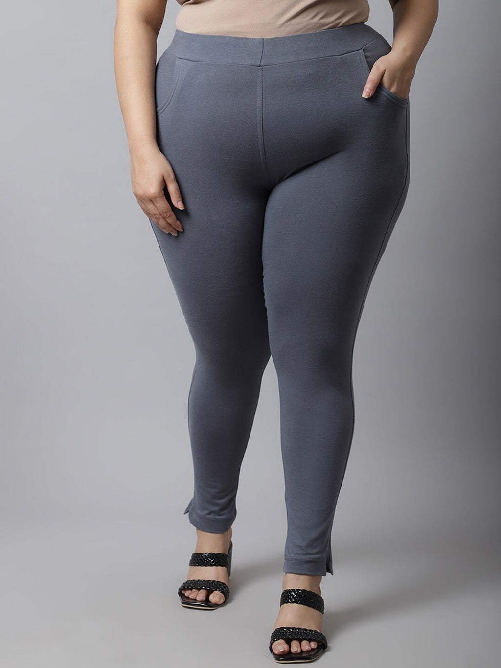 TAG 7 Women Plus size Grey Solid Cotton Ankle-Length Leggings