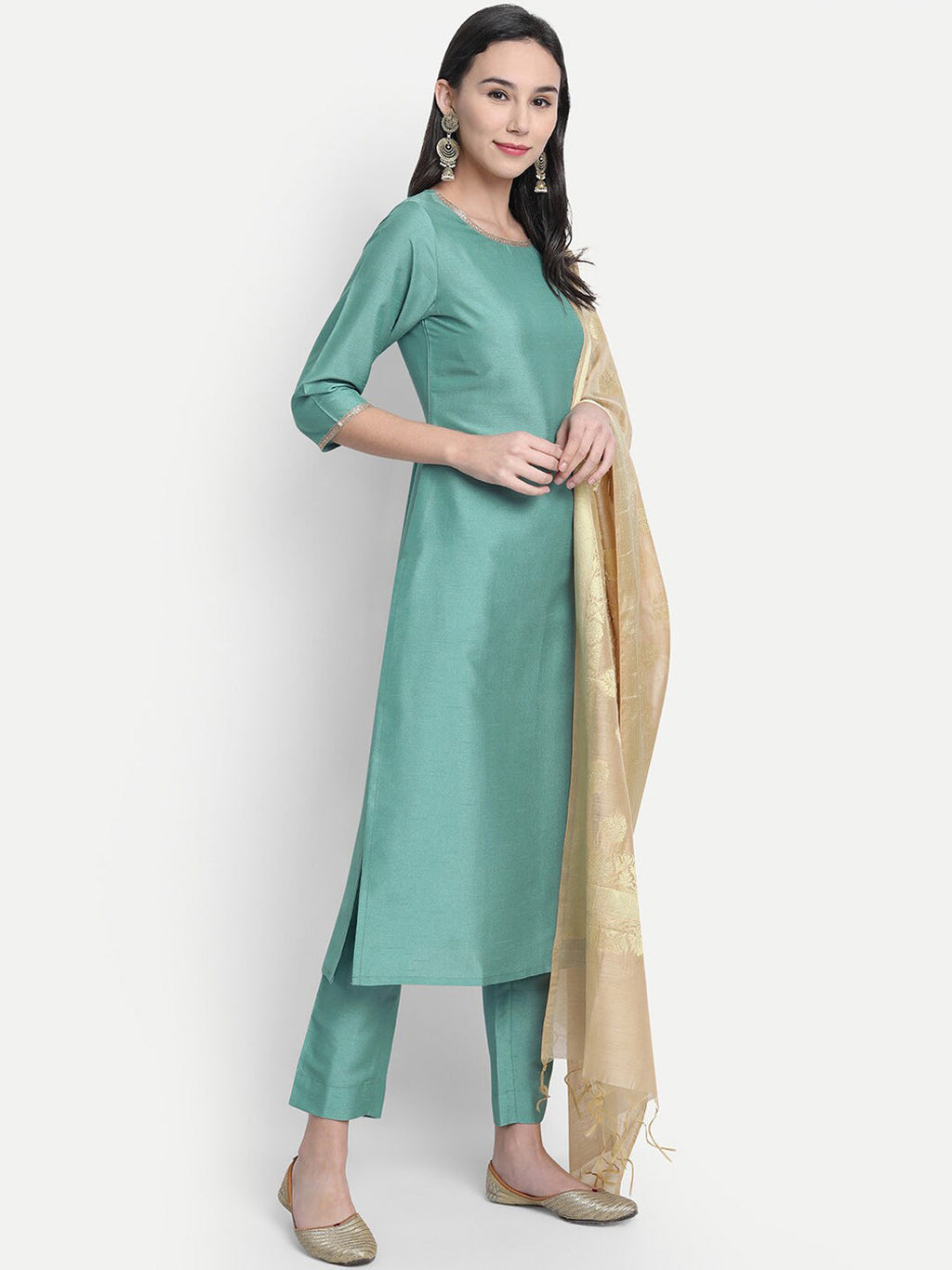 Janasya Green Solid Straight Kurta & Trousers With Dupatta - Distacart