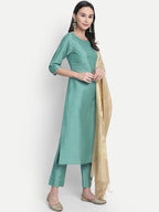 Janasya Green Solid Straight Kurta & Trousers With Dupatta - Distacart