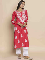HOUSE OF KARI Floral Chikankari Embroidered Notched Round Neck Straight Kurta