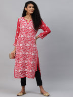 ADA Women Carrot Pink & White Floral Hand Embroidered Chikankari Handloom Kurta & Matching slip