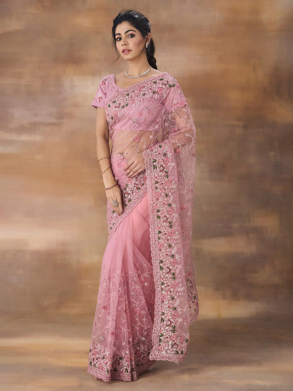 kasee Floral Embroidered Net Saree With Blouse Piece - Distacart