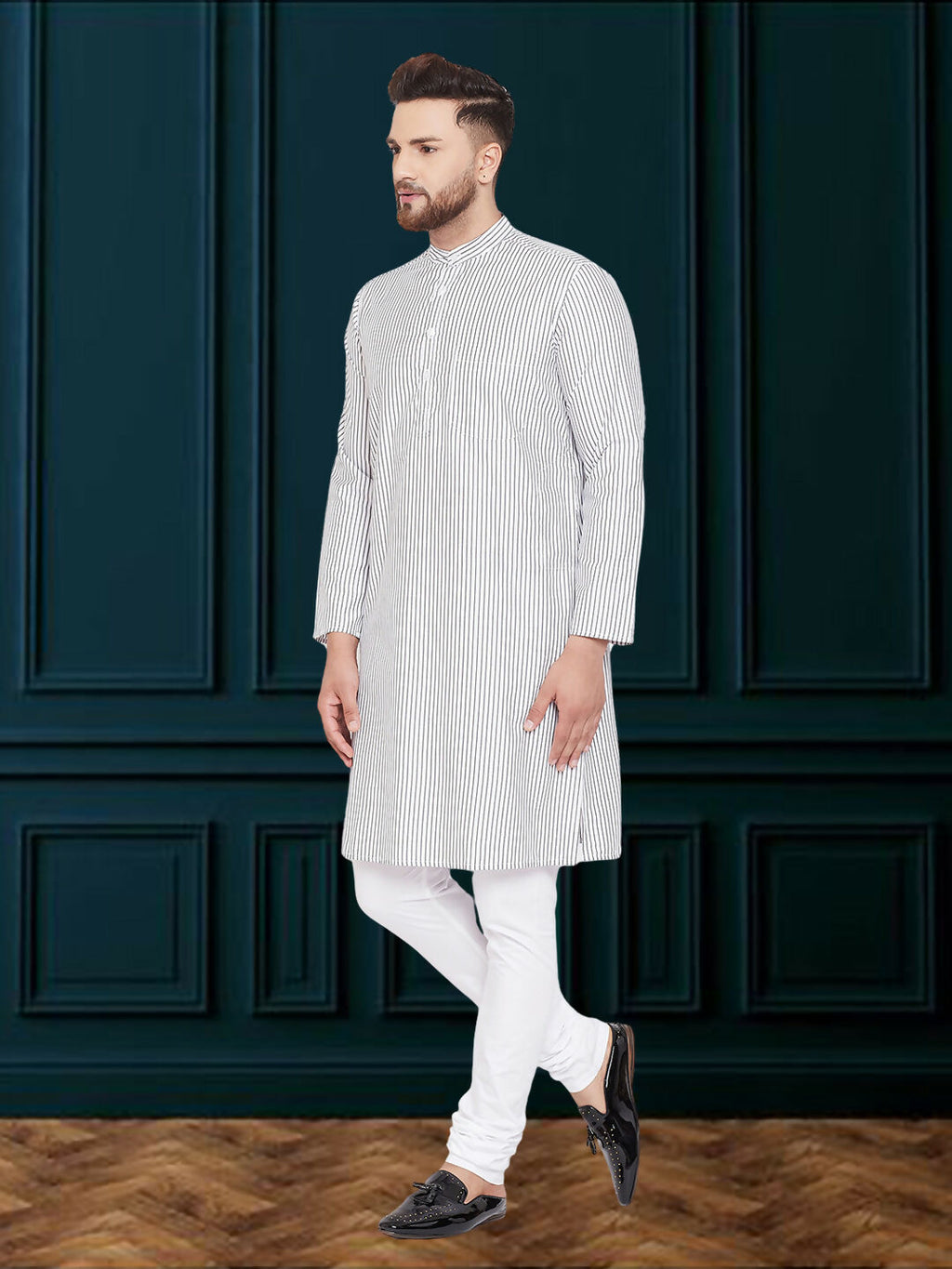 Even Apparels Men's Black and White Striped Kurta