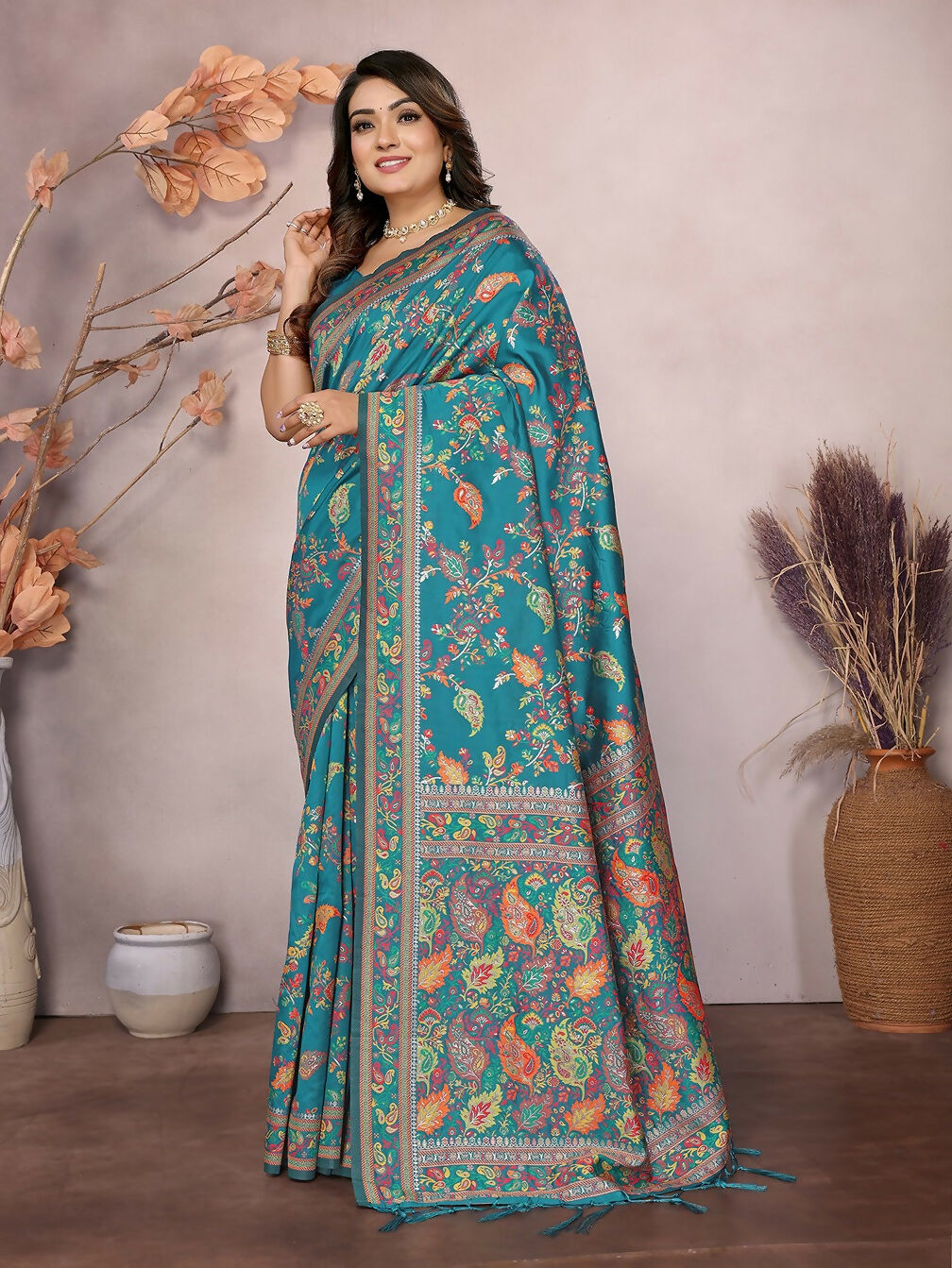 Joban Fashion Teal Meena Weaves Pashmina Sarees