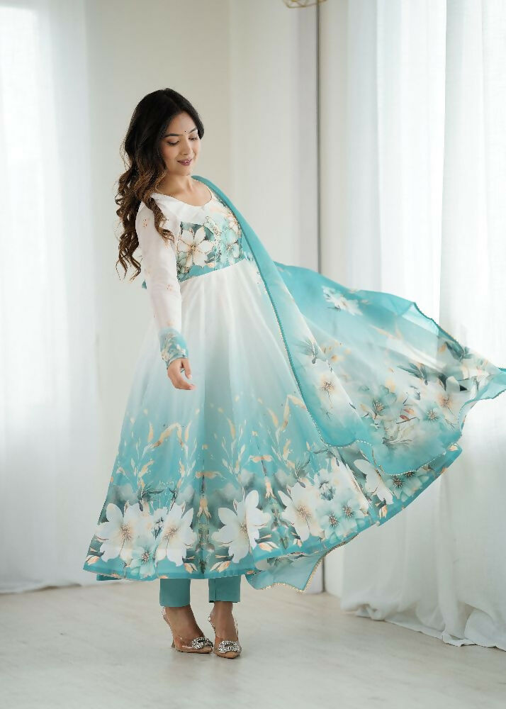 Joban Fashion Aqua Blue Kurta Set Organza Sequin Embroidery Work - Distacart