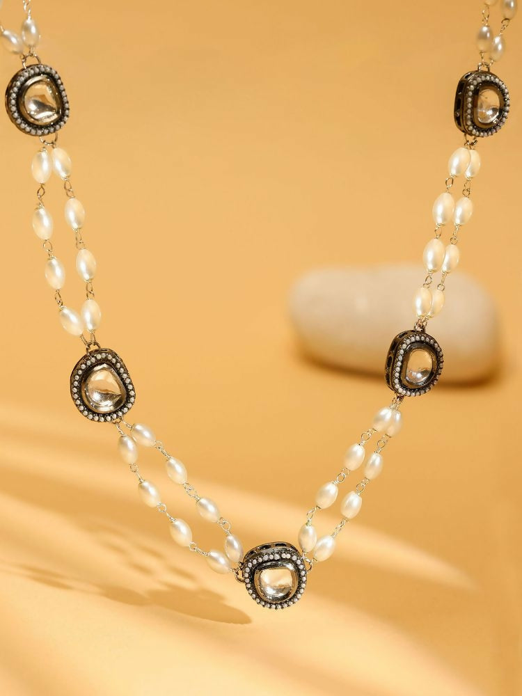 Rhodium Plated Kundan Necklace - Ruby Raang
